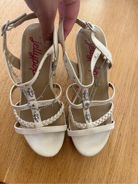 Jellypop Women's Cream Embellished Braided T-Strap wedges